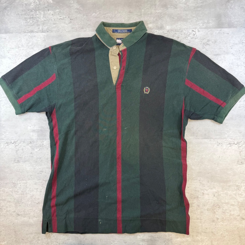 Tommy Hilfiger Mens Vertical Stripe Polo Shirt Green Navy Red Size M Vintage